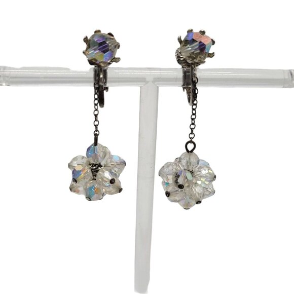 Vtg Aurora Borealis Crystal Clip-On Dangle Earrings AB Cluster Drop Statement - Picture 7 of 10